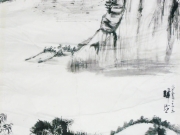 此畫是一幅臨摹山水的畫作，初次嘗試用白描，乾擦，留白，飛白的效果